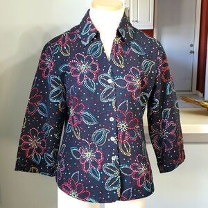 SILK LAND, top, 100% silk. Size large. Black with flower design. Lined.